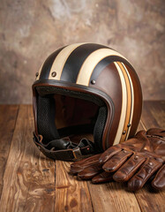 Close-up of a vintage-style motorcycle helmet with leather gloves on a wooden surface.