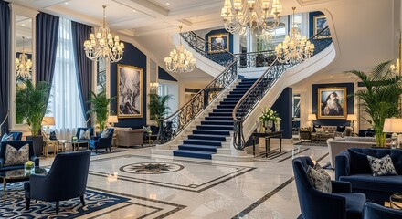 Fototapeta premium Elegant Hotel Lobby with Grand Staircase, Chandeliers, and Luxur