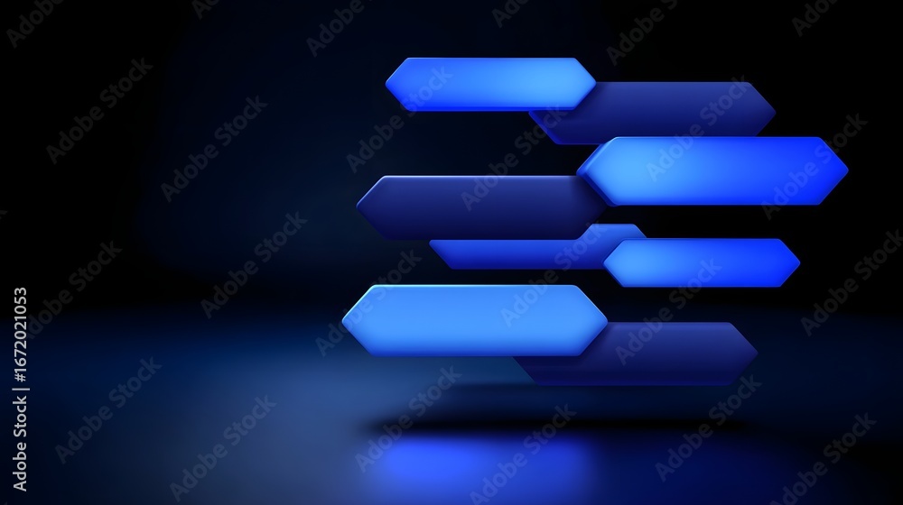 Poster glowing blue hexagonal structures in a dark, futuristic environment.