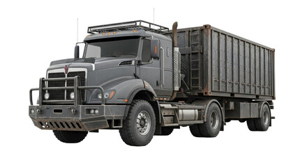 Imposing industrial gray semi-trailer truck, customized, grimy and weathered, riveted cargo container, against transparent studio background, concept of rugged utility