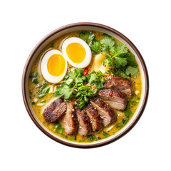 Delicious Duck Ramen Noodle Soup with Soft Boiled Eggs and Fresh Herbs