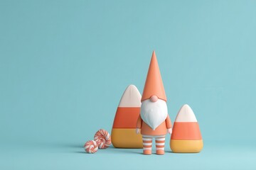 Fototapeta premium Gnome Halloween whimsical concept. Whimsical gnome with candy corn decor on a pastel background.