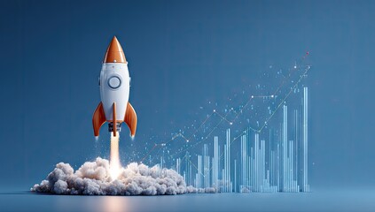 A rocket launching amidst a rising graph, symbolizing growth and progress in a business or project