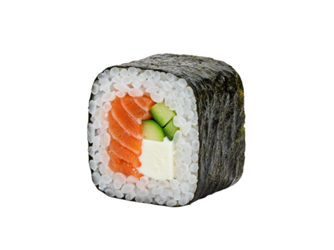 Fresh salmon and cream cheese sushi roll wrapped in seaweed with rice close up transparent background