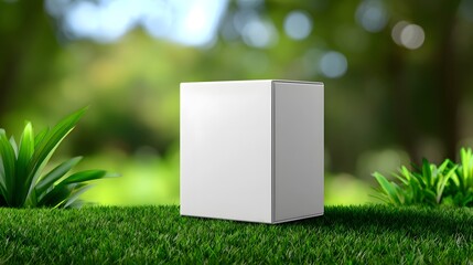 White cube on a grassy backdrop