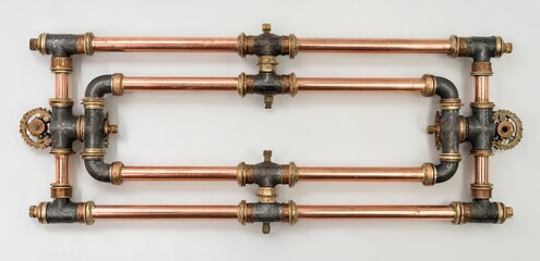 Decorative copper and black pipe wall art in a rectangular frame design with gears