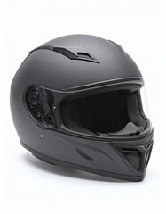 A close-up studio shot of a matte black motorcycle helmet, showcasing its design and features.