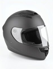 Matte black full-face motorcycle helmet with clear visor on white background.