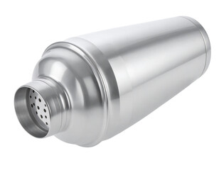Silver Cocktail Shaker with Lid Removed, Tilted View, White Background