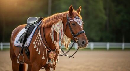 Horse in ornate tack at sunset