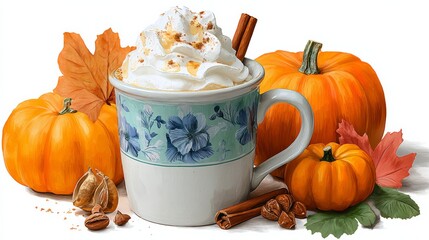 White mug with a blue floral design sits on a table with a pumpkin, a cinnamon stick, and some nuts