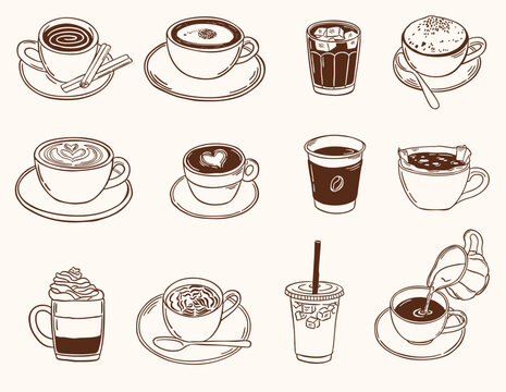 cup of coffee vector hand drawn sketch doodle illustration collection set