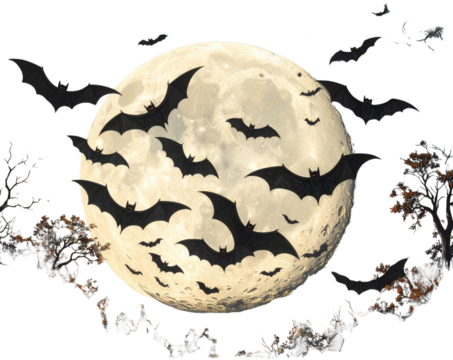Crescent Halloween Moon with Bat Silhouettes, isolated on transparent background