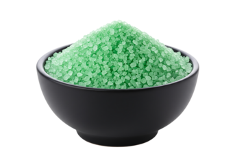 Green bath salts in black bowl, Isolated on transparent background

