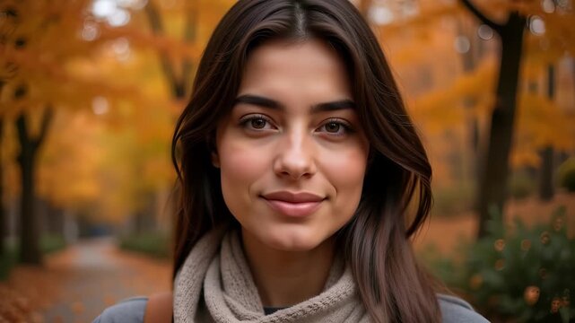 Intense gaze of a 26-year-old Palestinian woman in close up, isolated on autumn background. Authentic emotion, powerful portrait. 4k video footage