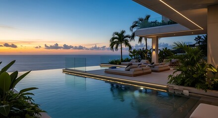 Luxury infinity pool at sunset with ocean view and lounge area