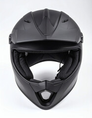 A matte black full-face motorcycle helmet with a protective visor and padded interior, presented against a plain white background.