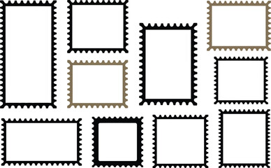 Mixed color postage stamp frames on white border rectangle