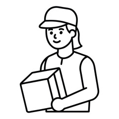 Stylized line art illustration of a friendly courier person holding a package with a clean white background