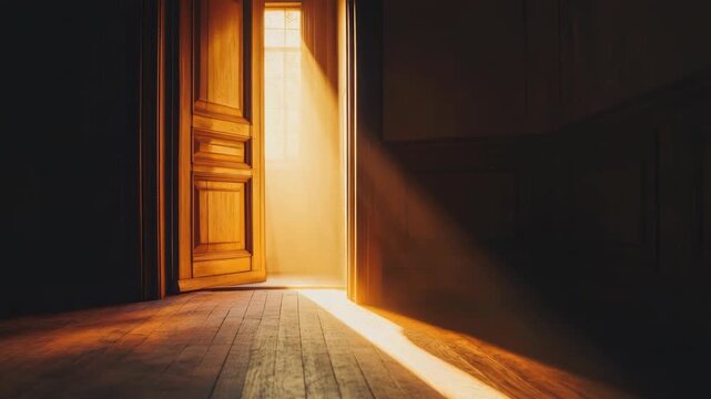 Sunlight streams through slightly open door in dimly lit room, casting shadows on wooden floor