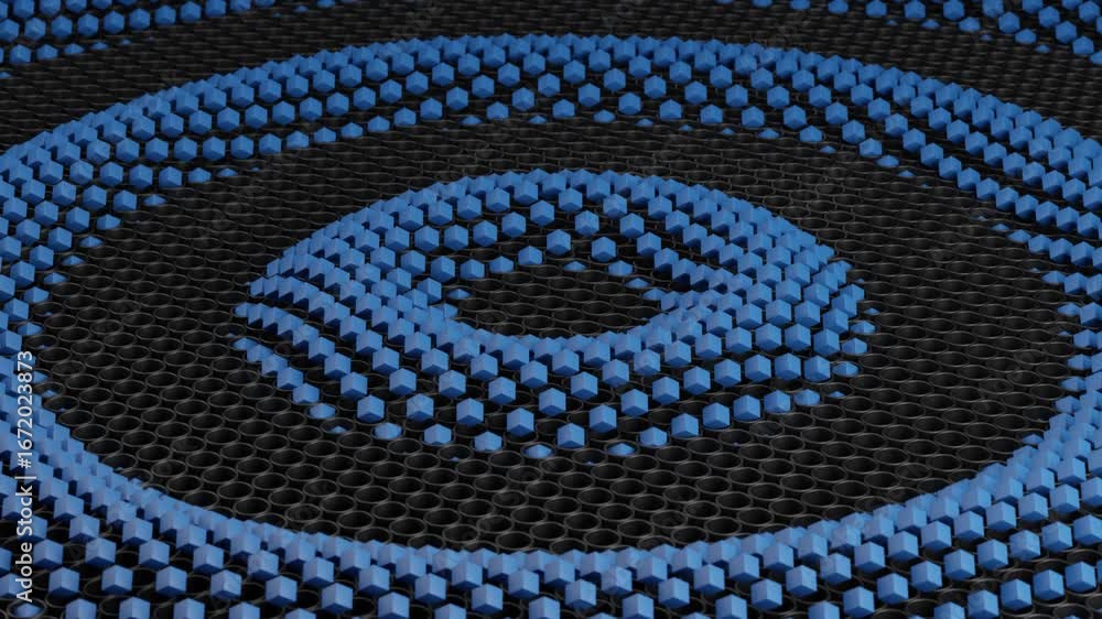 Poster 3d abstract background that highlights blue cubes in motion on a charcoal gray structure, creating f