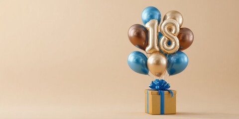 happy birthday greeting card - Golden number 18 text balloon surrounded by brown, golden and blue balloons with gift box for celebration anniversary events, isolated on beige bright background