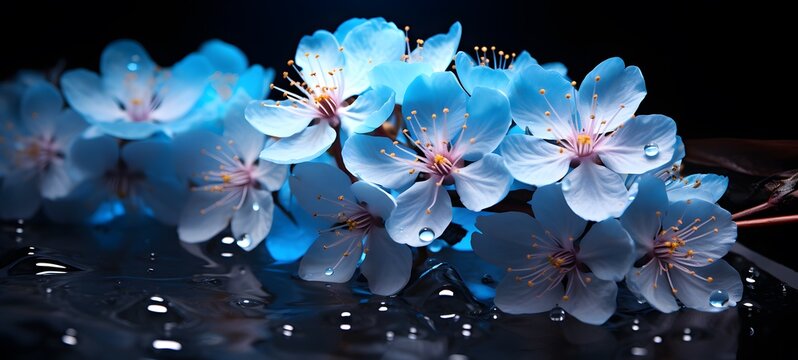 The black background contrasts sharply with the bright blue diamonds light emitted by Cherry blossoms,generative AI
