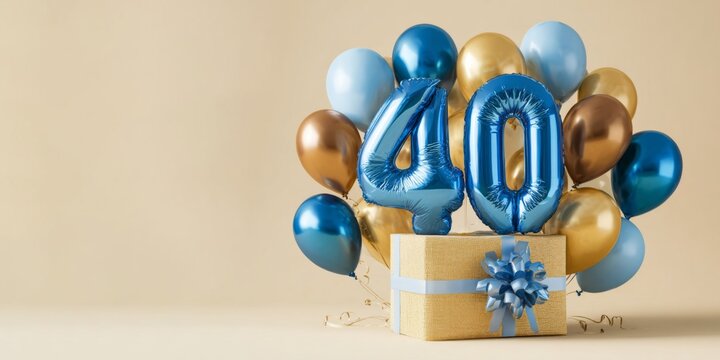 happy birthday greeting card - Golden number 40 text balloon surrounded by brown, golden and blue balloons with gift box for celebration anniversary events, isolated on beige bright background