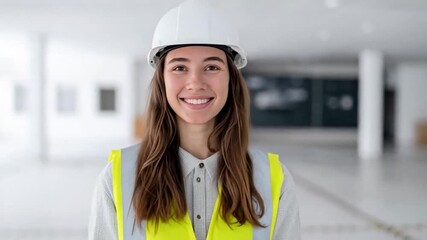 Young female engineer in a white hard hat and reflective vest smiling confidently, indoor construction site, modern engineering and career empowerment, International Women's Day inspiration