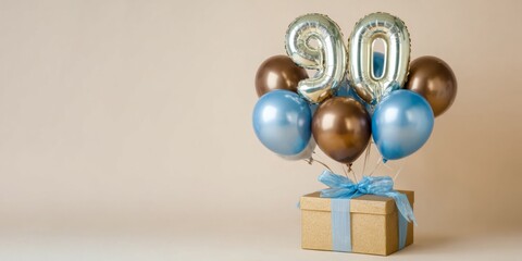 happy birthday greeting card - Golden number 90 text balloon surrounded by brown, golden and blue balloons with gift box for celebration anniversary events, isolated on beige bright background