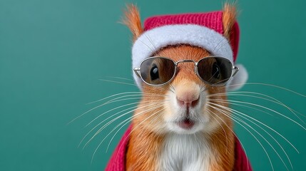 Squirrel wearing sunglasses and a red hat. The squirrel is looking at the camera. The image has a festive and playful mood