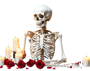 Gothic Skeleton Sitting Among Red Roses with Lit Candles, isolated on transparent background