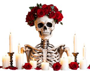 Elegant Skeleton with Rose Crown and Candles, 3/4 Angle, isolated on transparent background
