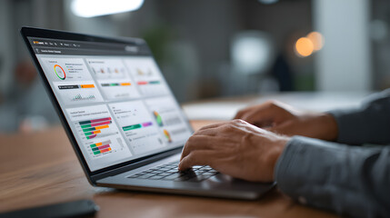Person using laptop to assess risk dashboard, risk mitigation strategy and decision planning interface in business context --ar 16:9