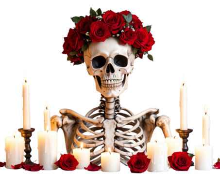 Elegant Skeleton with Rose Crown and Candles, 3/4 Angle, isolated on transparent background