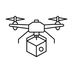 Clean line art illustration of a futuristic drone delivering a package against a simple white background