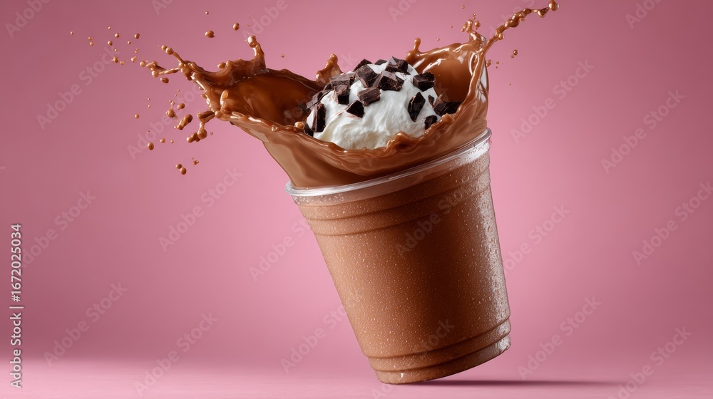 Poster cup of chocolate ice cream with whipped cream on top is being poured into a cup. the image has a pla