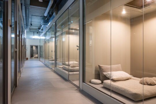 Stylish kennel-style pet hotel interior featuring clean glass enclosures and comfortable bedding