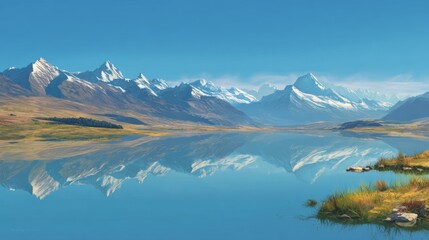 Fototapeta premium Serene mountain lake reflecting snow capped peaks under a clear sky Mountains