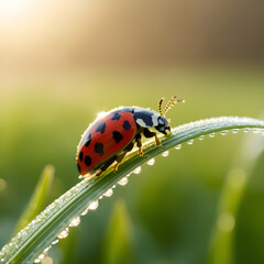 Fototapeta premium ladybug on green leaf