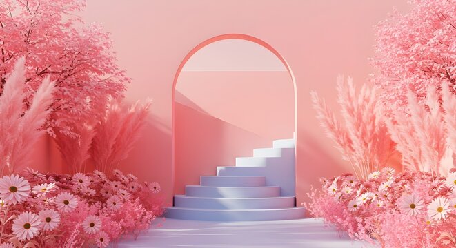 Entrada floral vibrante con tonos rosados suaves y flores florecientes durante la tarde en un entorno sereno