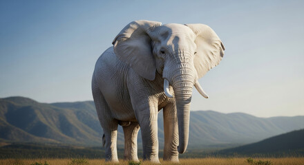 Obraz premium Majestic white elephant standing outdoors on a sunny day, symbolizing rarity, purity, and cultural significance in a natural setting.