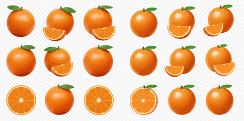 Collection of whole oranges and orange slices, various angles and positions, isolated on white.
