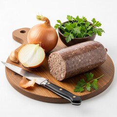 Offal liver, Haggis with fresh ingredients on wood.