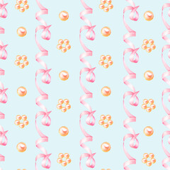 Watercolor ribbon and pearls seamless pattern, illustration hand drawn. Suitable for design, print, for decoration for Women's Day, Mother's Day