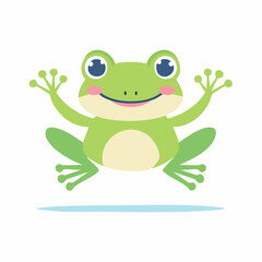 Obraz premium Cartoon illustration of a cheerful green frog jumping with its arms raised, featuring a light blue shadow underneath.