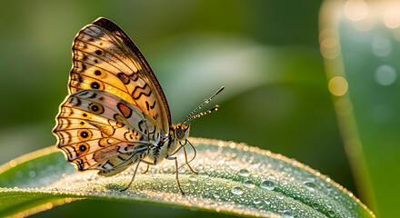 Obraz premium Butterfly resting on a dewy leaf in the early morning, showcasing natural beauty and delicate details