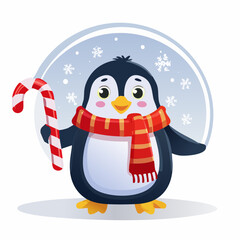 Fototapeta premium Adorable cartoon penguin character wearing a red scarf and holding a candy cane, standing against a wintery snowflake background in a charming illustration style.