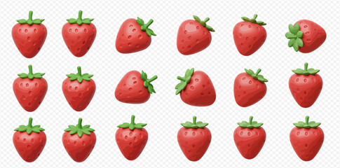 Collection of fifteen realistic 3D rendered strawberries, arranged in a grid pattern on a white background.