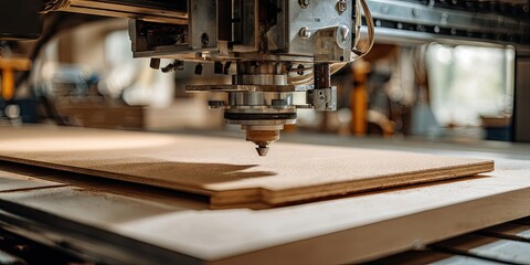 Close-up of a CNC machine engraving a wooden board, workshop setting